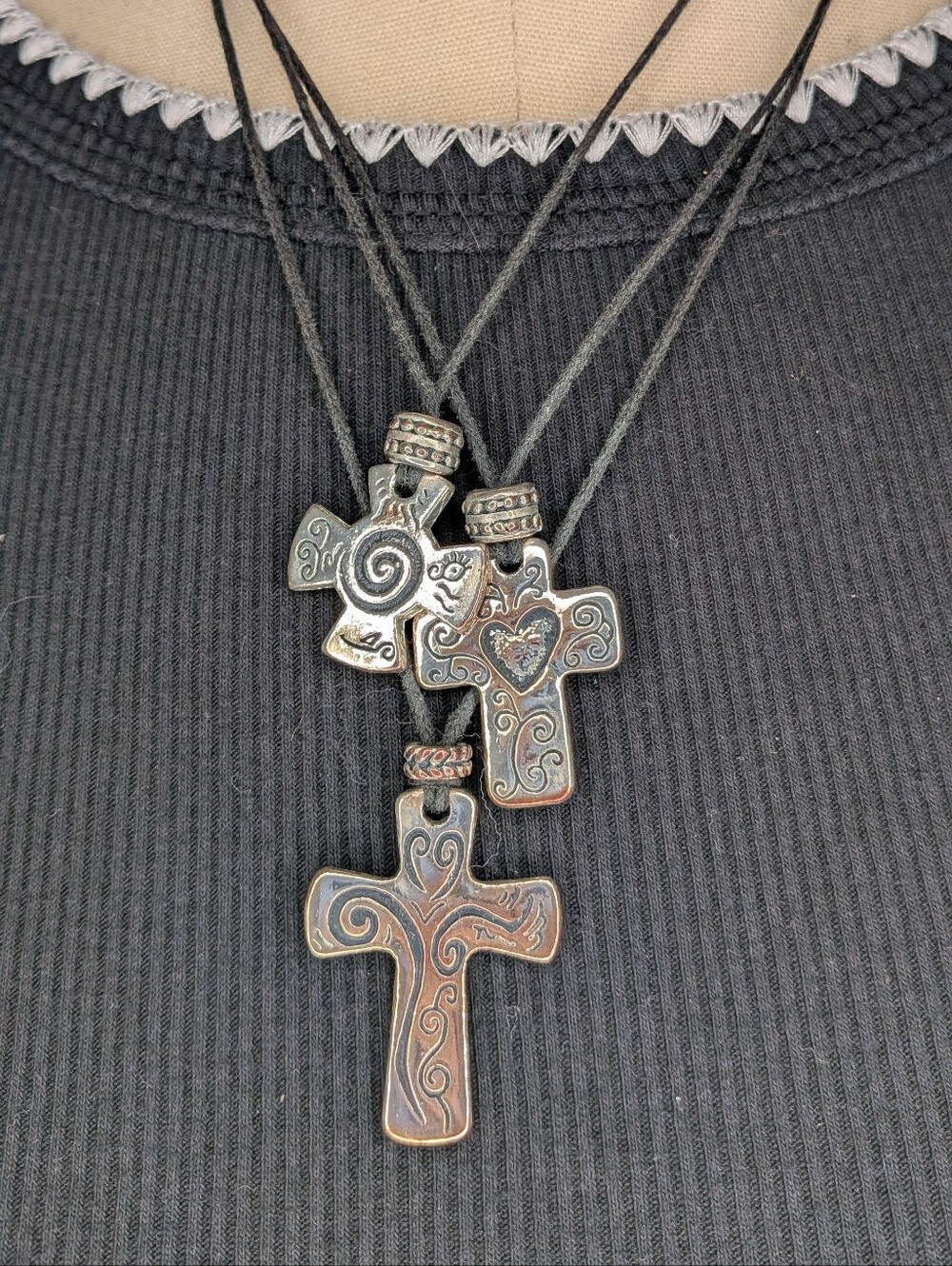 Artisan Multi Strand Cross Pendant Layered Cord Necklace Antiqued Silver